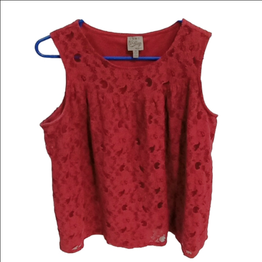 (31)  COMO VINTAGE, RUST RED LACE SLEEVELESS PULLOVER SUMMER BLOUSE SIZE 1X